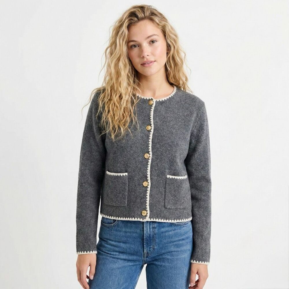NWT Song of Style Gray Cardigan Sweater XL Scalloped Trim Gold Buttons Revolve